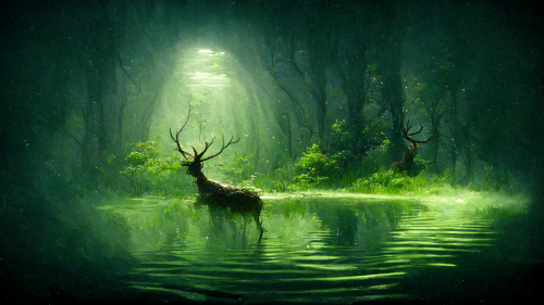 erikdk_magical_deer_alone_in_a_green_forest_walking_on_water_41f2cf63-421e-4496-a034-9eaada7cc662